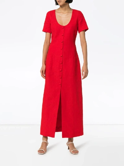 Shop Rebecca De Ravenel Buttoned Linen Dress In Red