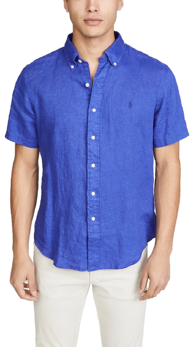 Shop Polo Ralph Lauren Short Sleeve Linen Shirt In Blue