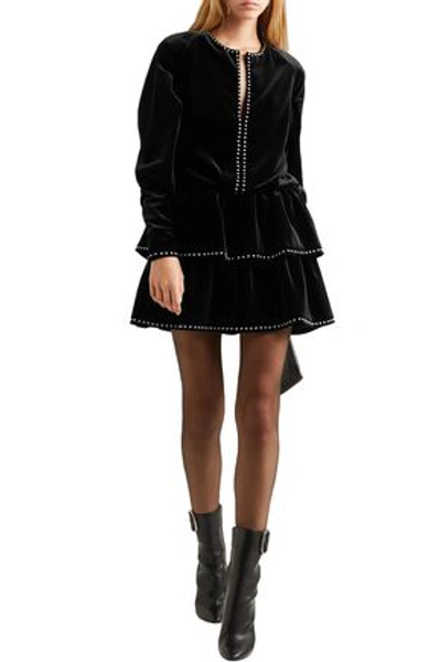 Shop Saint Laurent Studded Ruffled Velvet Mini Dress In Black