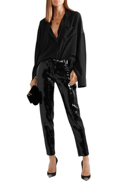 Shop Saint Laurent Sequined Crepe Slim-leg Pants In Black
