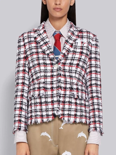 Shop Thom Browne Rwb Ribbon Tweed Classic Plaid Frayed Little Boy Jacket In White
