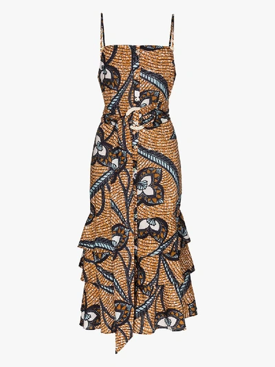 Shop Figue Marina Printed Cotton Slip Dress In Blue