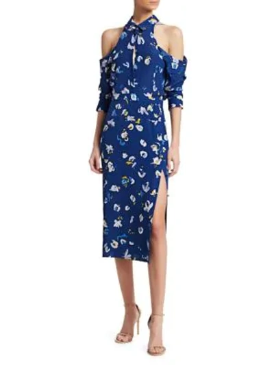 Shop Altuzarra Gathered Cold-shoulder Silk Floral Shirtdress In Dusk