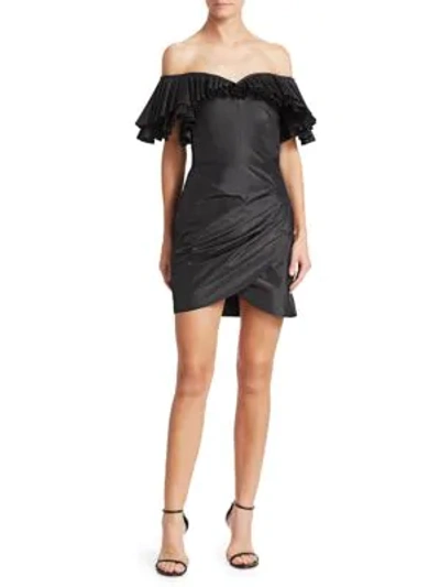 Shop Alessandra Rich Off-the-shoulder Pleated & Ruched Silk Taffeta Butterfly Sheath Dress In Black