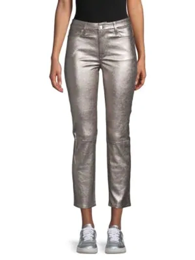 Shop Frame Cropped Metallic Leather Straight-leg Pants In Light Steel