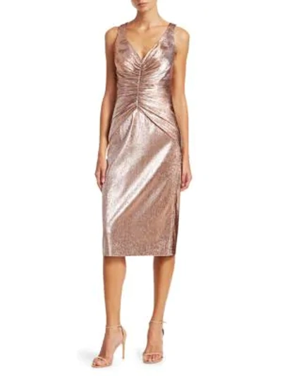 Shop Theia Metallic Ruched Midi Dress In Metallic Blush