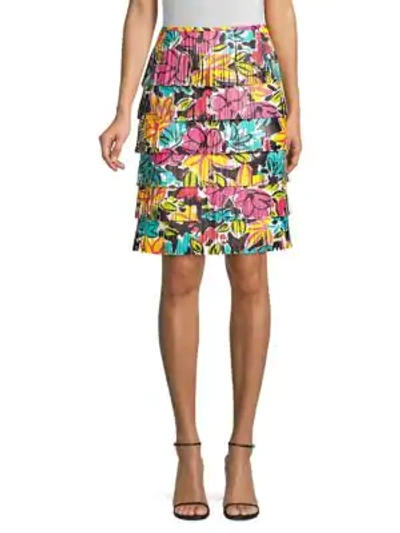 Shop Michael Kors Leather Floral Fringe Skirt In Black Multi