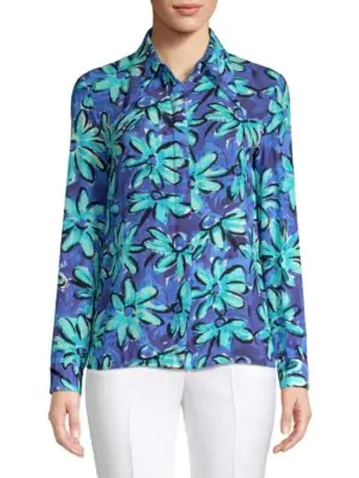 Shop Michael Kors Point Collar Floral Silk Shirt In Turquoise