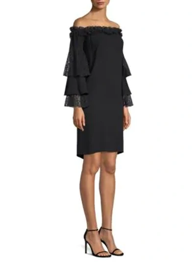Shop Michael Kors Off-the-shoulder Lace Ruffle Sleeve Dress In Black