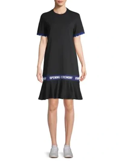 Shop Opening Ceremony Scalloped Logo-tape Cotton T-shirt Dress In Black