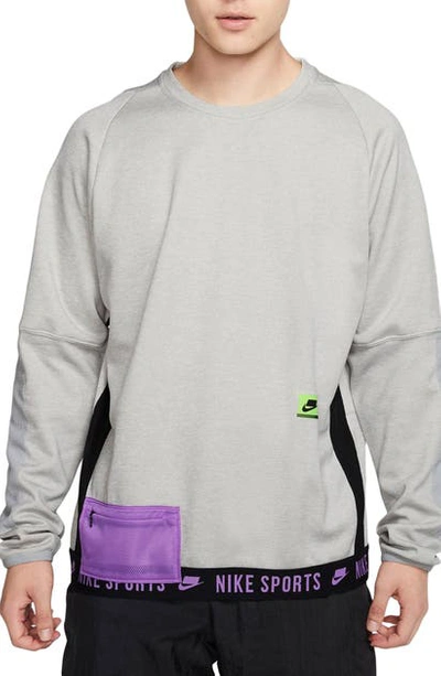Shop Nike Therma Long Sleeve Shirt In Grey Heather/ Electric Green