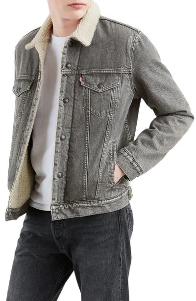 Shop Levi's Vintage Fit Faux Shearling Lined Denim Trucker Jacket In V. Grey Sherpa