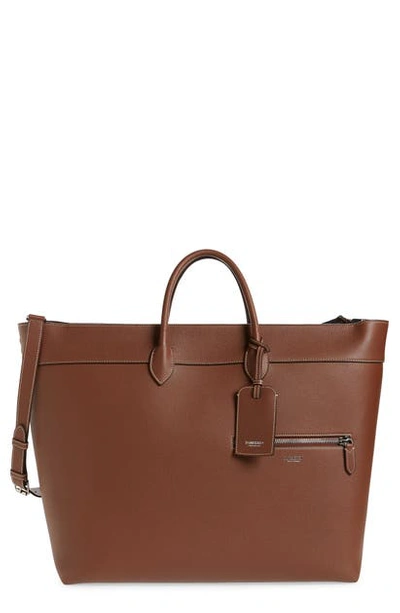 Shop Burberry Sanford Leather Tote In Tan