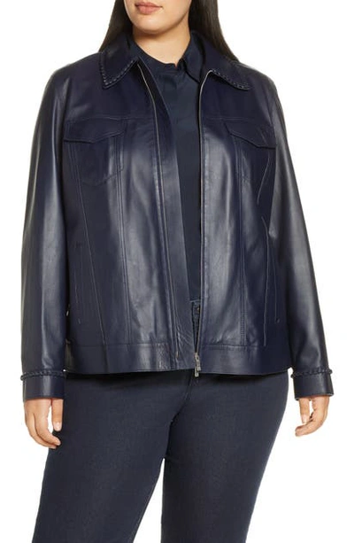 Shop Lafayette 148 Destiny Braid Trim Leather Jacket In Royal Blue