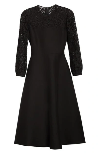 Shop Valentino Lace Contrast Wool & Silk Midi Dress In Nero