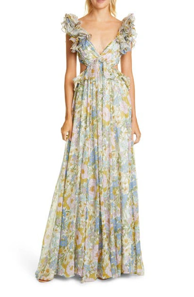 Shop Zimmermann Super Eight Floral Ruffle Cotton & Silk Maxi Dress In Blue Meadow