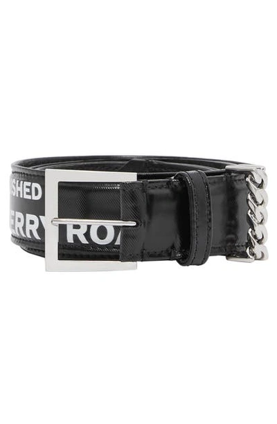 Shop Burberry Chain Detail Horseferry Print Coated Canvas Belt In Black/ Palladio