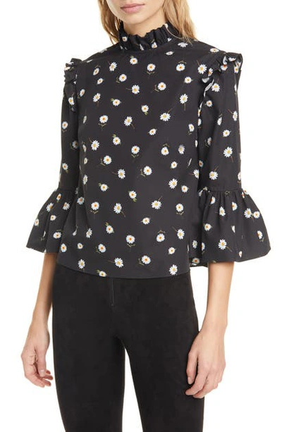 Shop Alice And Olivia Henrietta Daisy Pattern Ruffled Cotton Boxy Blouse In Tossed Daisy Black