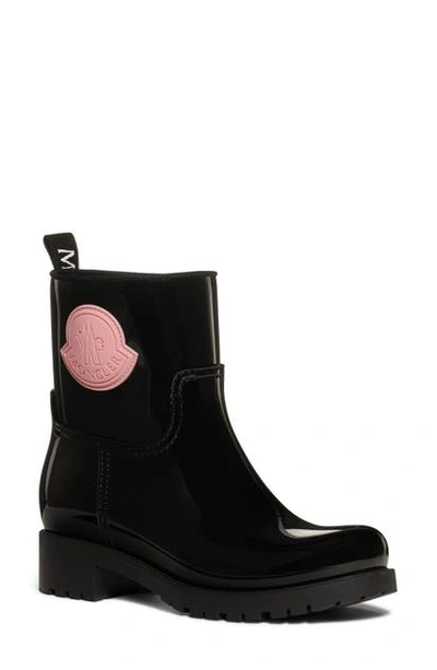 Shop Moncler Ginette Logo Waterproof Rain Boot In Black/ Pink