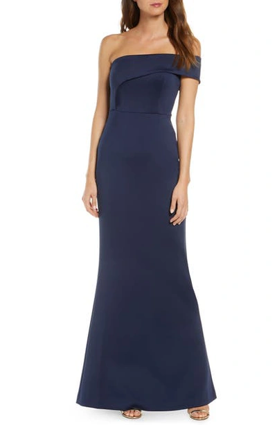 Shop Black Halo Off The Shoulder Trumpet Gown In Pacific Blue