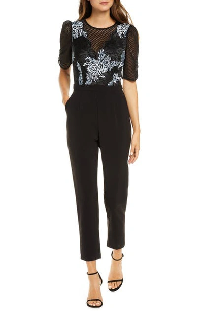 Shop Adelyn Rae Alexandria Embroidered Mesh Jumpsuit In Black/ Light Blue