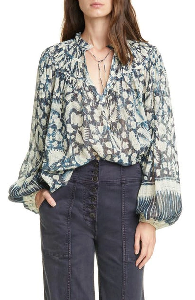 Shop Ulla Johnson Yulia Floral Balloon Sleeve Blouse In Indigo