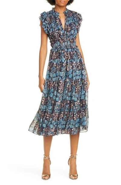 Shop Ulla Johnson Renata Silk Blend Peasant Dress In Indigo