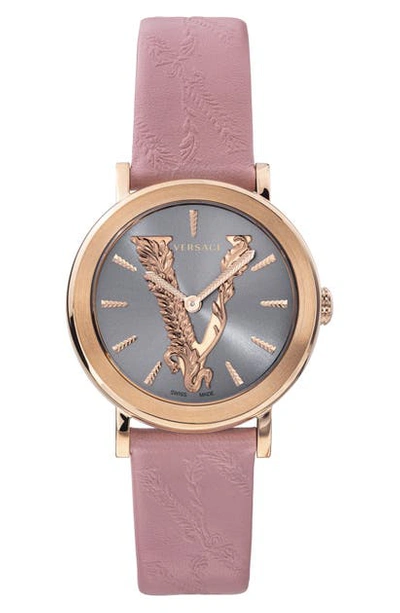 Shop Versace Virtus Leather Strap Watch, 36mm In Burgundy/ Silver/ Champ Gold