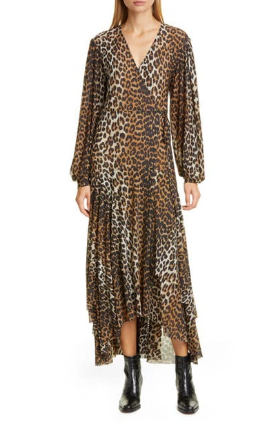 Shop Ganni Leopard Print Mesh Long Sleeve Midi Dress