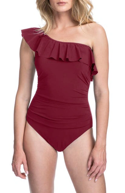 Shop Profile By Gottex Tutti Frutti One-shoulder One-piece Swimsuit In Merlot