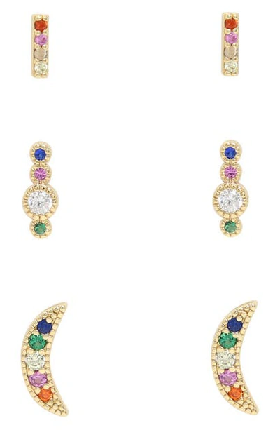 Shop Ettika Rainbow 3-pair Set Of Crystal Stud Earrings In Gold