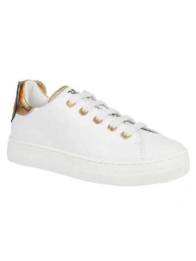 Shop Moschino Logo Print Sneakers In White/gold