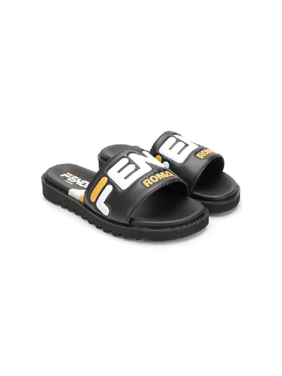 Shop Fendi Logo Detail Black Slide Sandals In Nero