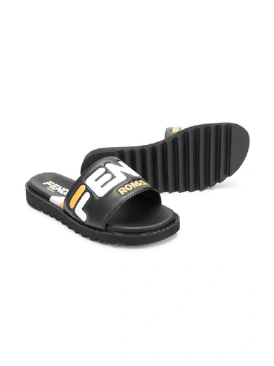 Shop Fendi Logo Detail Black Slide Sandals In Nero