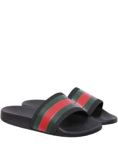 Shop Gucci Black Sandals With Web Detail