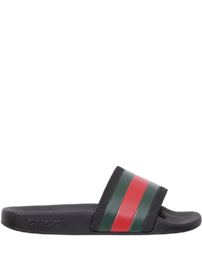 Shop Gucci Black Sandals With Web Detail