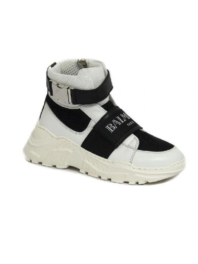Shop Balmain White And Black Leather Hi-top Sneaker In Bianco+nero