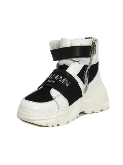 Shop Balmain White And Black Leather Hi-top Sneaker In Bianco+nero