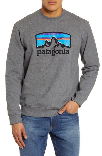 Shop Patagonia Fitz Roy Horizons Uprisal Recycled Blend Fleece Sweatshirt In Gravel Heather