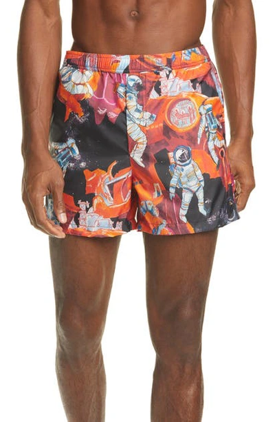 Shop Valentino Print Swim Trunks In Orange