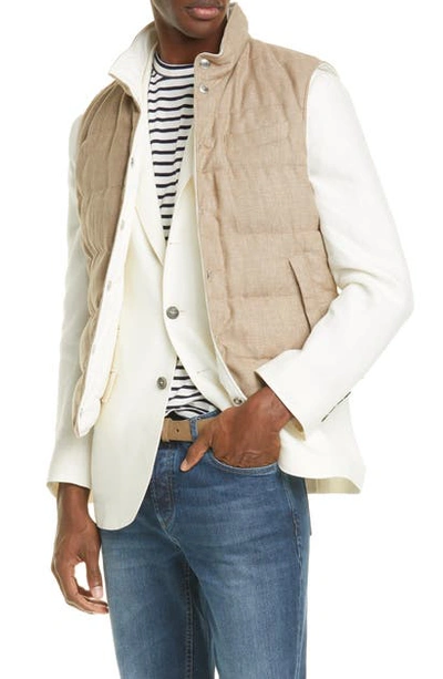 Shop Brunello Cucinelli Reversible Linen Blend Hopsack Down Vest In Tan/ White