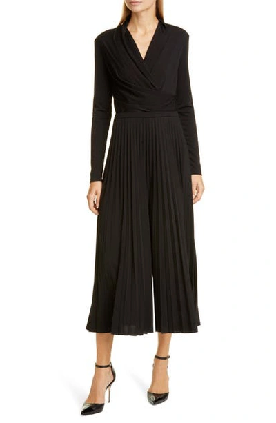 Shop Max Mara Vieste Long Sleeve Pleated Wide Leg Jersey Jumpsuit In Black