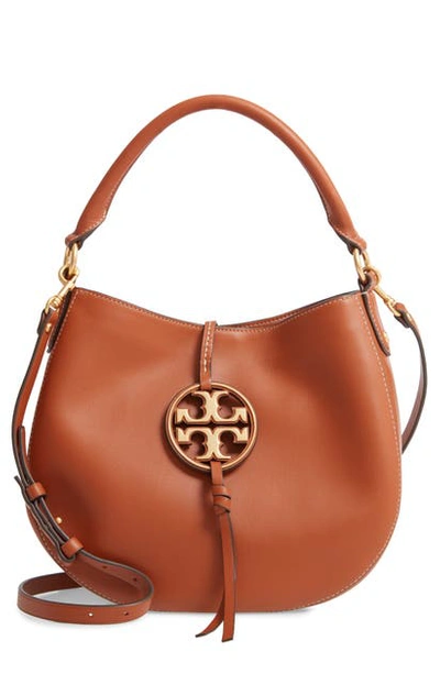 Shop Tory Burch Mini Miller Leather Hobo Bag In Aged Camello