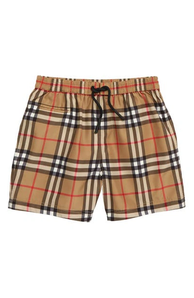 Shop Burberry Galvin Check Swim Trunks In Antique Yellow