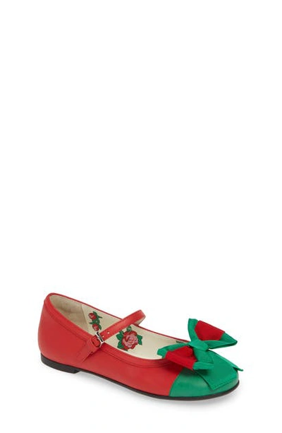 Shop Gucci Web Bow Mary Jane Flat In Red/ Green Multi