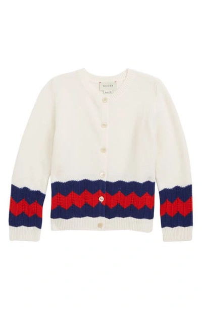 Shop Gucci Stripe Wool Cardigan In White/ Cobalt/ Red