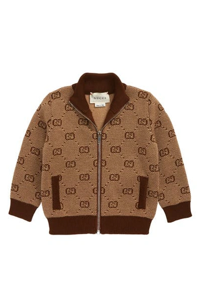 Shop Gucci Gg Logo Jacquard Zip Cardigan In Camel Multi