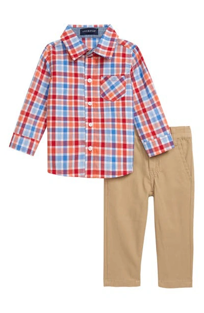 Shop Andy & Evan Infant Boy's Andy & Even Button-up Plaid Shirt & Khaki Pants In Red/blue Stripe