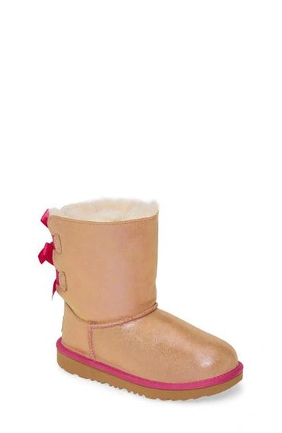 Shop Ugg Toddler Girl's  Bailey Bow Genuine Shearling Shimmer Boot In Chestnut / Fuchsia