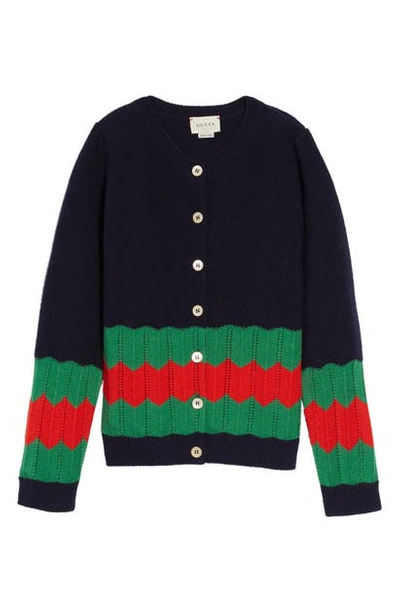 Shop Gucci Wool Knit Cardigan In Navy/ Grass/ Live Red